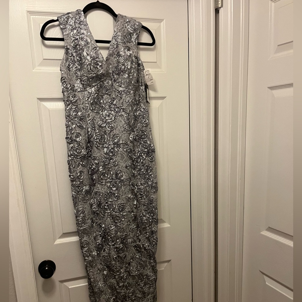 Flower embroidered floral silver shin length dress